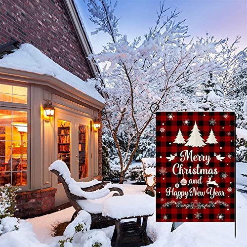 Merry Christmas And Happy New Year Garden Flag,Red Buffalo Check Plaid Flags Fit Outdoor Decoration Winter Holiday Party Farmhouse Burlap-12X18 Inch Double Sided Vertical Holiday Gifts(Buffalo Plaid) #TOP4