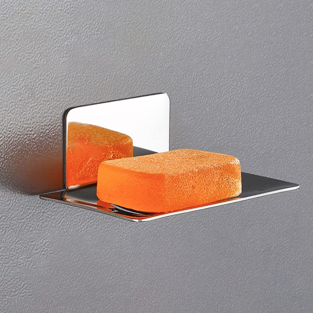 Jabonera con Drenaje, Soporte de Pared, Bandeja Acero Inoxidable, Acabado Autoadhesivo sin taladrar, fácil Limpiar(Chrome)