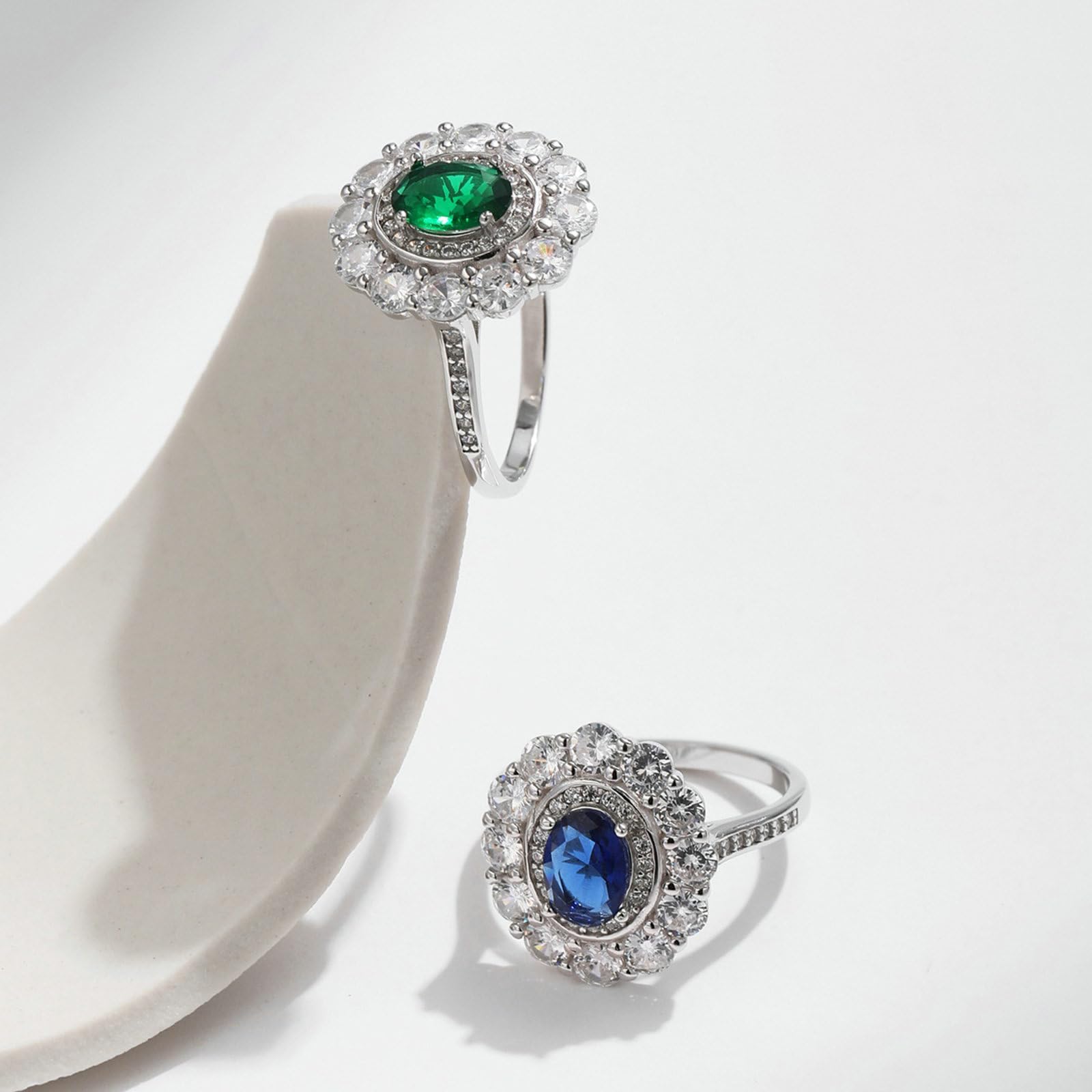 Daesar Anello Oro Bianco Fidanzamento 14K, Fedi Nuziali Donna Fiore Lusso con Smeraldo Sintetico Ovale da 1ct e Moissanite Rotonda Anelli Matrimonio Oro Bianco per Mamma, Fidanzata, Sposa