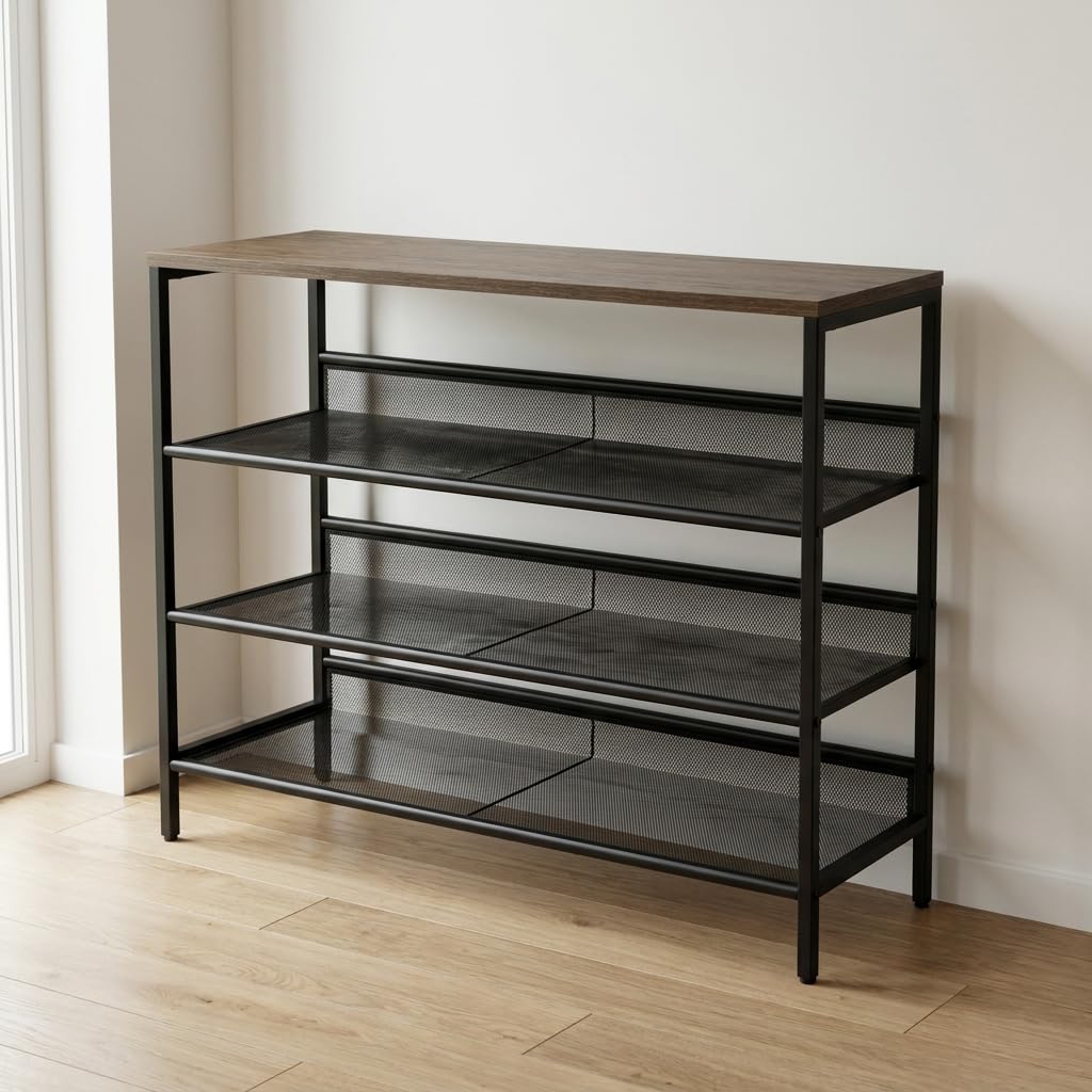 STORVO 4 Tier Shoe Rack, Shoe Storage Rack with Shelves, Metal Frame Shoe Storage Organiser, Industrial Entryway Shoe Shelf Unit, Space Saving Hallway Shoe Stand