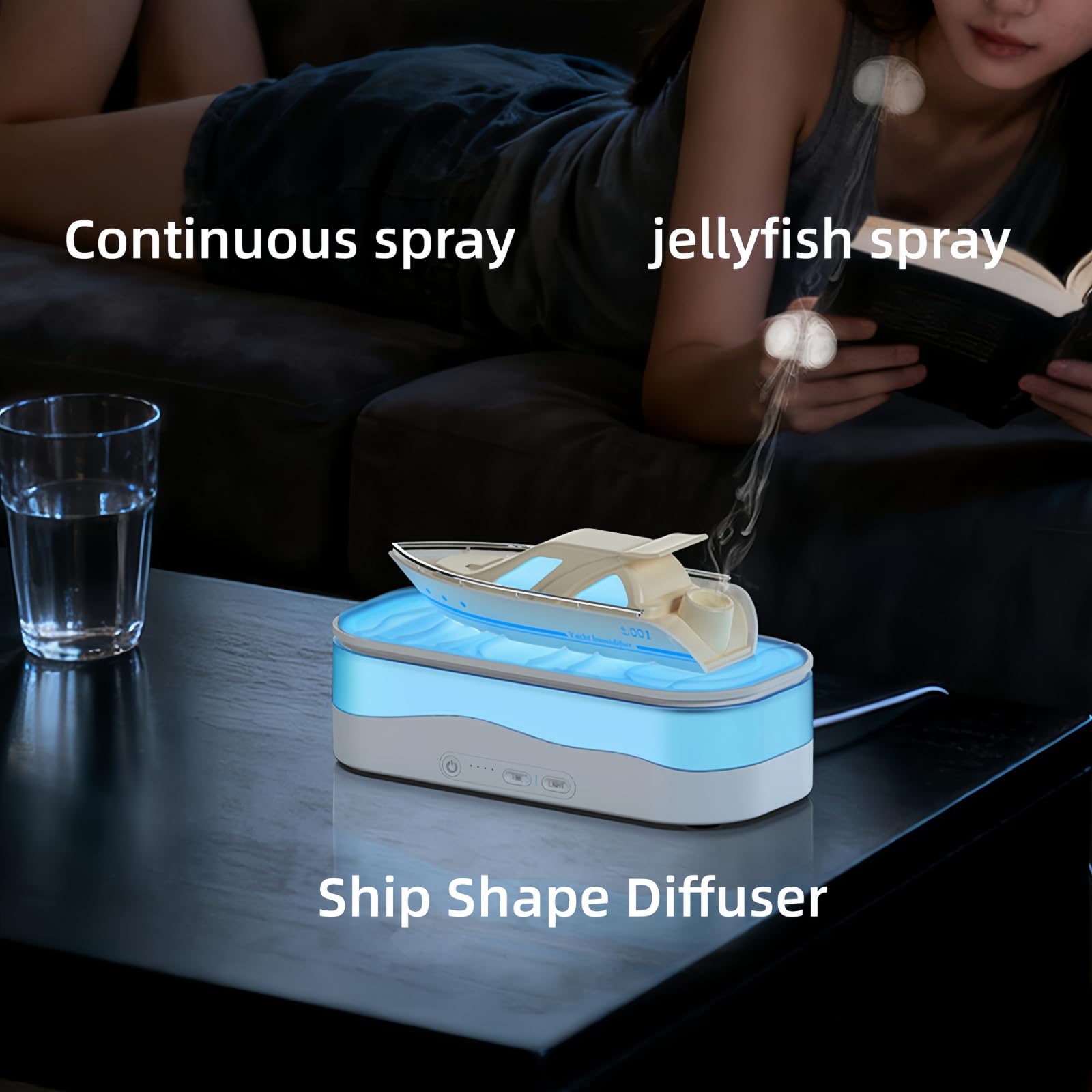 Diffuseur d'huile essentielle coloré pour bateau - Humidificateur de brume - Diffuseur d'arômes avec minuterie de pulvérisation en forme de méduse - Arrêt automatique