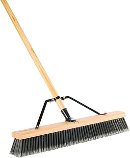 Restaurantware-Clean Tek Professional 24 Inch Push Broom, 1 Heavy-Duty Broom with 60” Handle - Medium Plastic Bristles, Durable, Wooden, Commercial Use, for Deck, Driveway, Garage, Yard, Patio