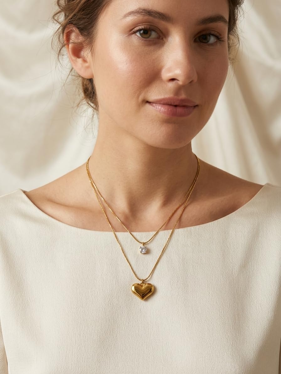 Gold Plated Layered Necklace Set for Women Fashion | Tarnish Free Jewellery Locket for Girls Pendant | Heart Pendant and Cubic Zirconia Necklace for Women Stylish Jewellery