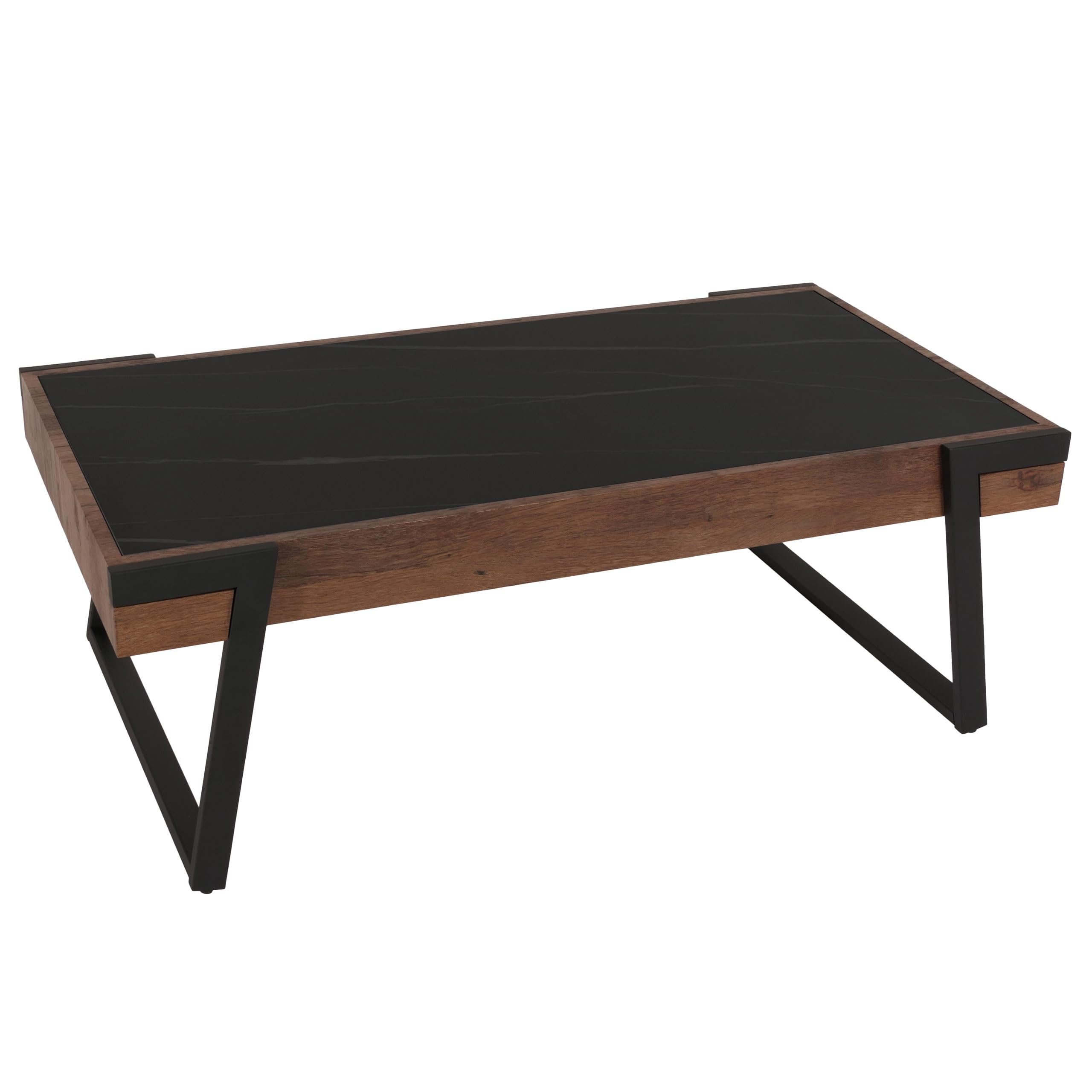 Stolik kawowy do salonu sofa HWC-L89 43 x 120 x 64 cm spiekany kamień MDF czarne nogi ciemne drewno wygląd marmuru brązowy