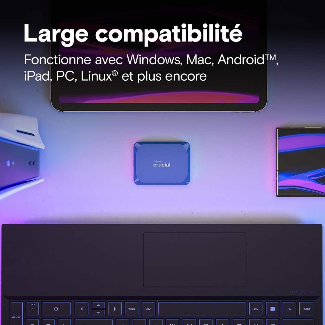 Crucial X10 2To Disque SSD Externe Portable, Jusqu’à 2100Mo/s, USB-C 3.2 Gen2, Résistance à la poussière et à l'eau classée IP65, Disque Dur Externe, Bleu Mat - CT2000X10SSD9-02 - 5