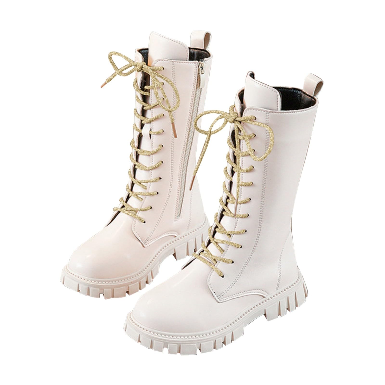 Botas Blancas Para Niños,Negras Botas de Combate Zapatos Escolares de Piel Sintética Con Cordones y Cremallera Lateral Punk Goth Boot Antideslizante Impermeable Princesa Bota de Goma Para Invierno