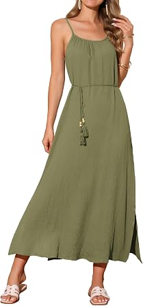 Seta T Womens Cotton Dress Sleeveless Beach Sundress Loose Tie Waist Casual Spaghetti Strap Dress