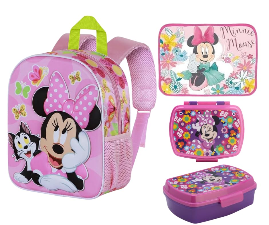 Set Asilo Scuola 3 Pezzi Minnie Disney – Zainetto 3D con Spallacci Imbottiti, Tovaglietta Impermeabile Ripiegabile 40x30 cm, Portapranzo Senza BPA Riutilizzabile e Lavabile