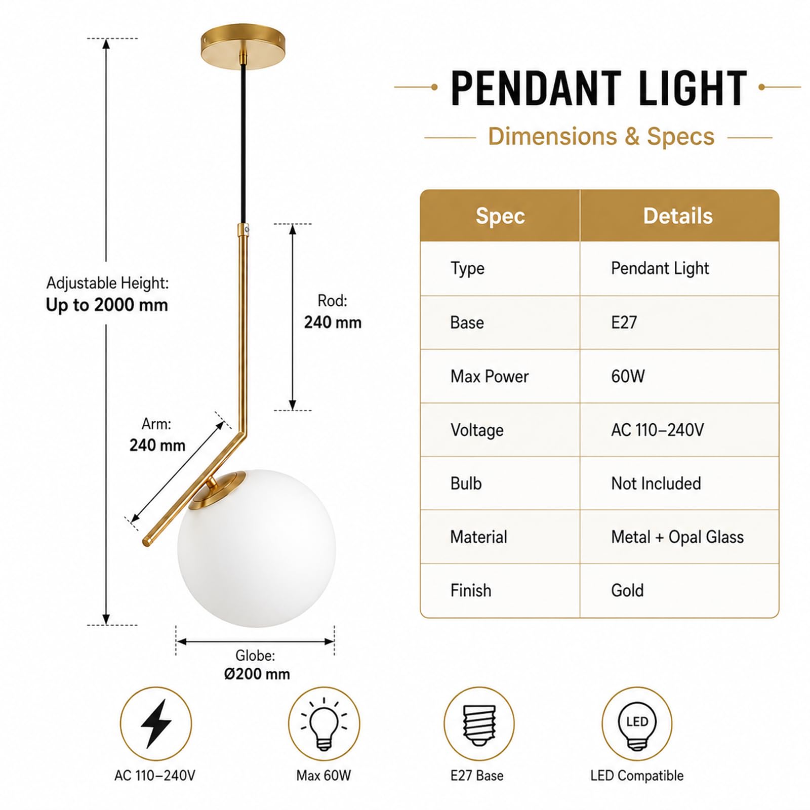 Lampada a sospensione moderna a sfera in vetro bianco, lampada da soffitto in metallo ottone, Lampadario da cucina per soggiorno e sala da pranzo (1-luce)