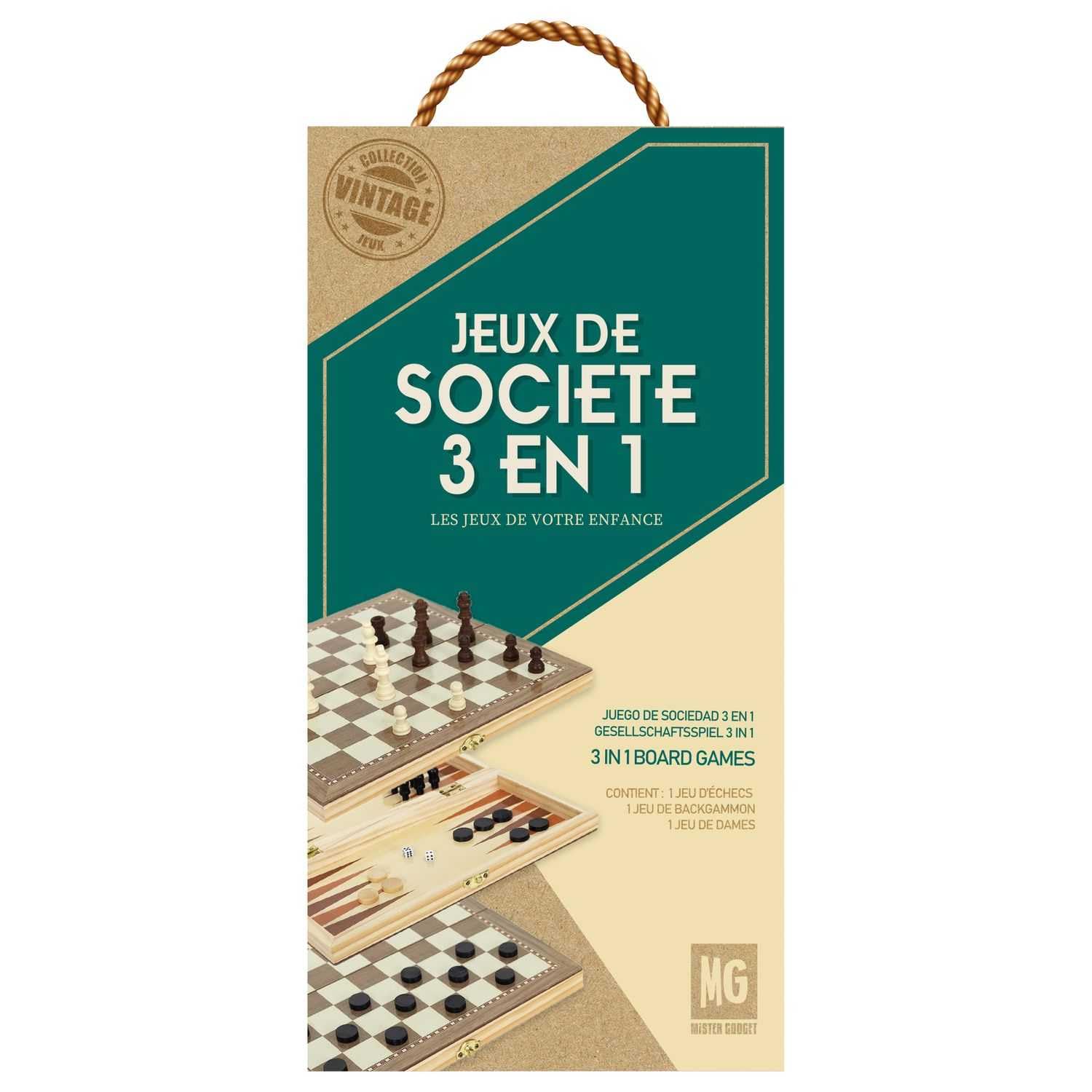 MISTER GADGET - MG3393 Jeu de Société 3 en 1 en Bois - Conçu pour Backgammon, Échecs, Dames - Format Pratique 29 x 29 x 2 cm - Esthétique et Fonctionnel - Couleur Marron