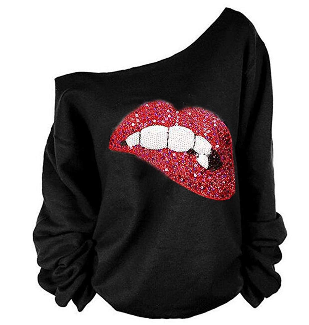 MAGICMKWoman’s Sweatershirt Lips Print Causal Blouse Off The Shoulder Long Sleeve Loose Slouchy Pullover Plus Size Tops