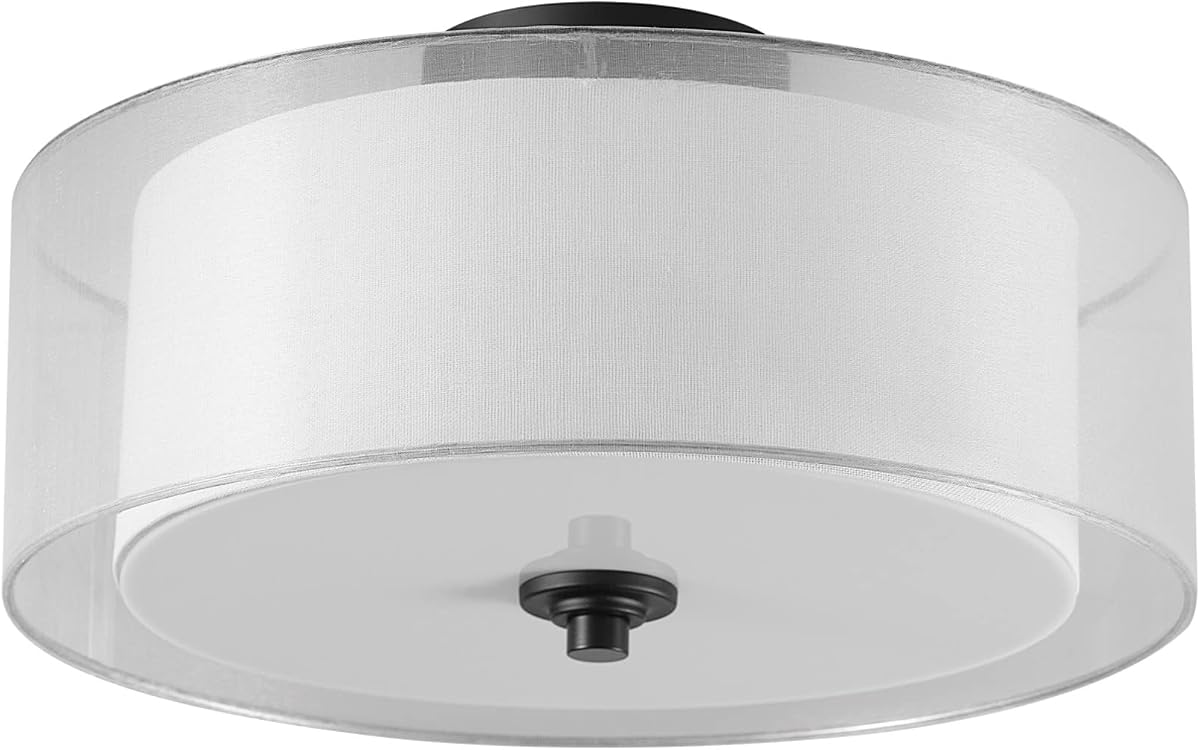 Globe Electric 65895 Lámpara de techo de montaje semiempotrado de 2 luces, negro mate, tela interior de lino, pantalla exterior de organza blanca, accesorios de iluminación de dormitorio, iluminación para pasillo o comedor