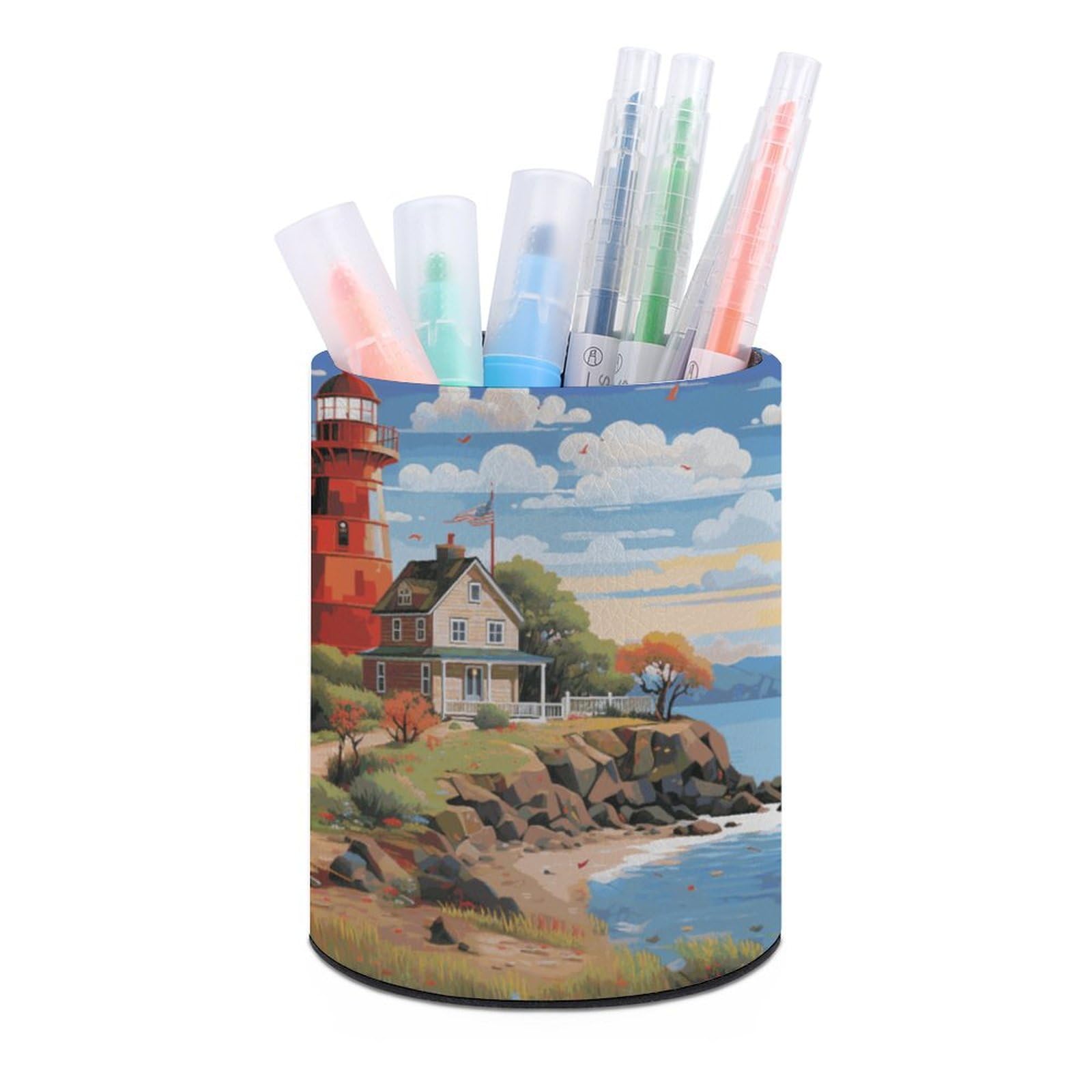 JTREHY Round Pen Holder,Coastal Lighthouse Printed Makeup Brush Storage Box for Home Office Dressing Table