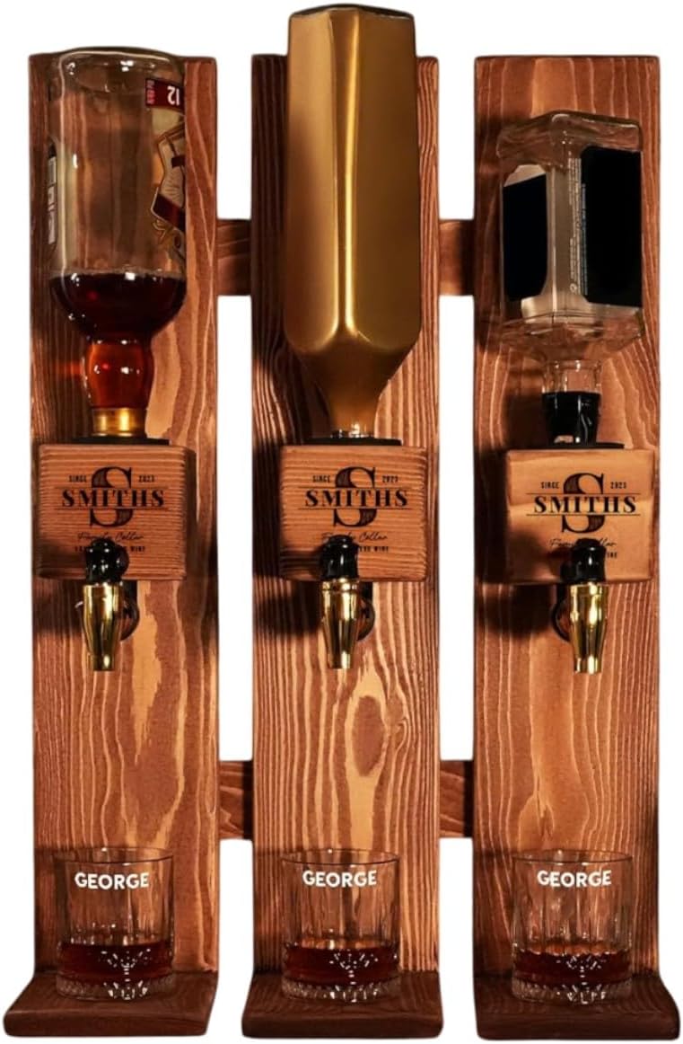 Personalized Wooden Wall Mount Whiskey Dispenser with Glasses, Custom Whiskey Gift, Liquor Decanter, Home Bar Decor, Unique New Home Gift