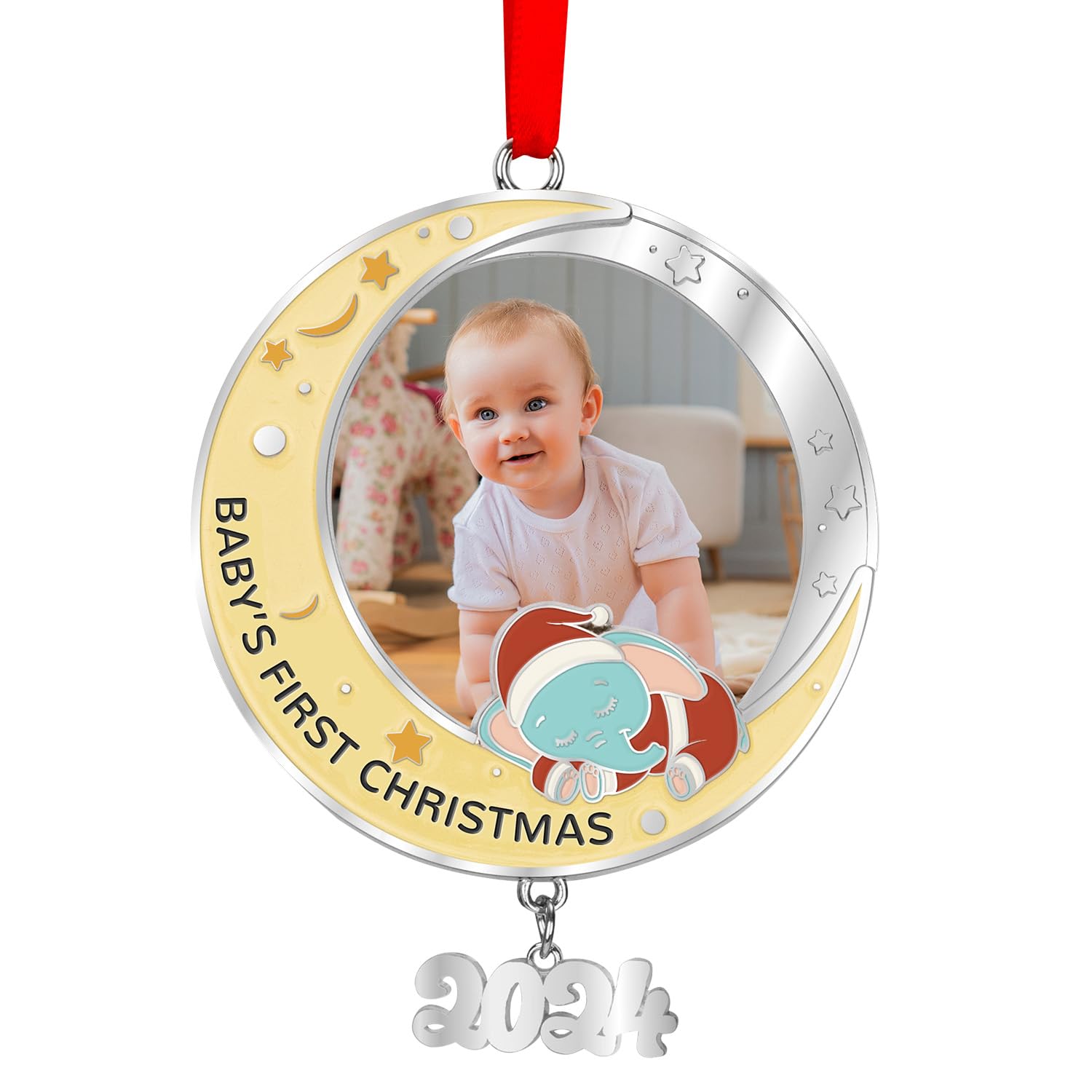Baby's First Christmas Photo Ornament 2024 - Personalized Elephant Ornament, Baby Girl Boy Picture Xmas Tree Decoration