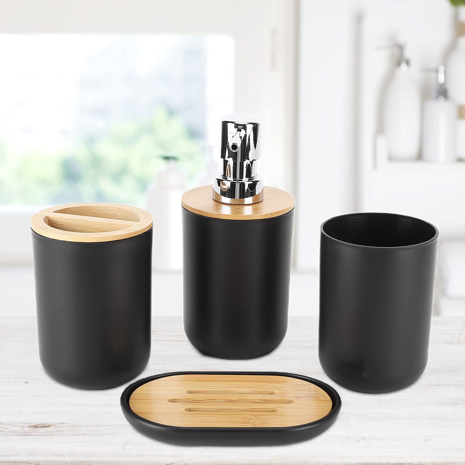 YTDTKJ 4pcs Bathroom Accessories Set,Bath Accessory Completes Including Toothbrush Cup,Lotion Dispenser,Soap Box,Tooth Mug,Toothbrush Holder and Soap Dispenser Set for Home Hotel Decoration (Black)