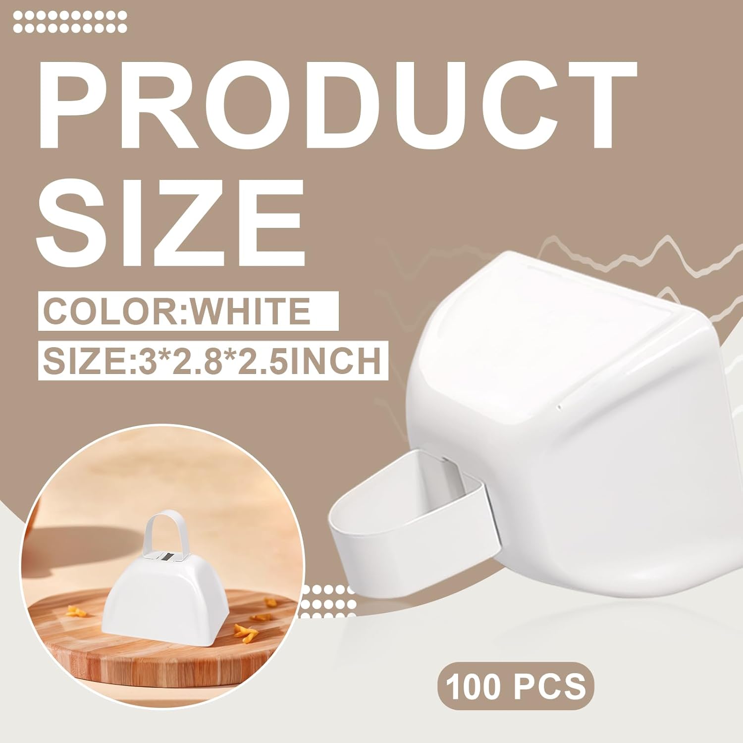 100 Pieces Metal Cowbells with Handles 3 x 2.8 x 2.5 Inch Small Cheering Cow Bells Noise Makers Call for Sporting Events, Wedding, Football Games(White)