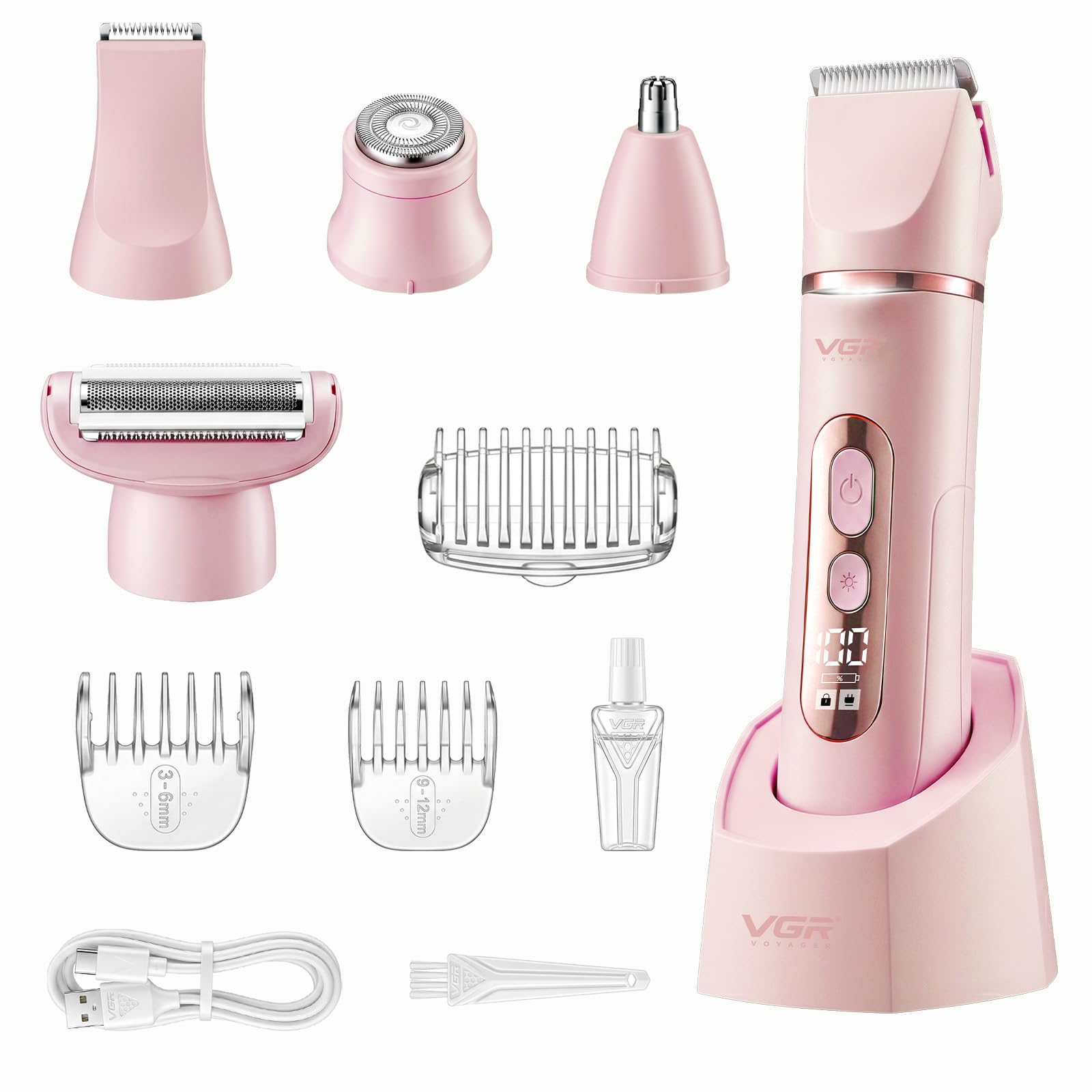 VGR 763 Epilatore Donna Elettrico 5 in 1, Depilatore Ricaricabile Senza Fili, Rasoiatore Viso, Epilatore Corpo Wet & Dry per Viso, Gambe, Ascelle e Zone Intime, Rosa