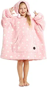 THREE POODLE Wearable Blanket Hoodie for Kids, Oversized Sherpa Sweatshirt Blanket with Giant Hood, Warm Cozy Hooded Blanket, Cute Gifts for Kids Girls Boys