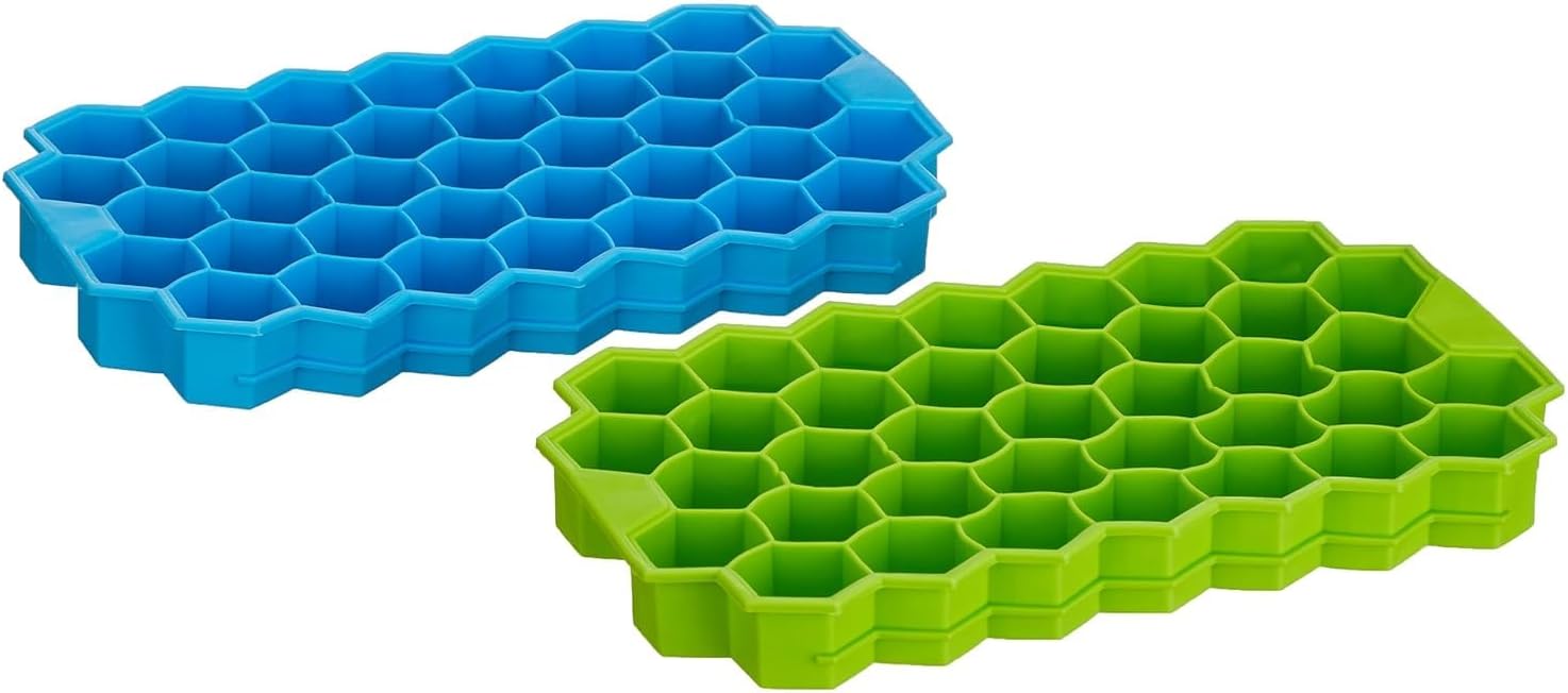 Clazkit Flexible Silicone Honeycomb 37 Cavity Ice Cube Tray for Freezer Moulds Small Cubes Whiskey Fridge Bar Soft Ice Cube Tray -Color May Vary-Pack of 2
