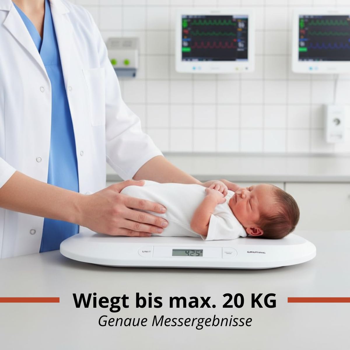 Grundig Babywaage Digital - Waage Max. 20 Kg - Personenwaage mit LED Anzeige - Baby Waage mit Tarafunktion und Display - Inkl. Batterien - Weiß