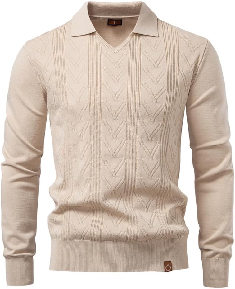 Mens Polo Sweaters Knit Textured Collared Long Sleeve V Neck Casual Solid Pullover Tops