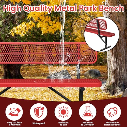 Image of 6ft Metal Park Bench with Backrest, Heavy-Duty Steel Outdoor Bench Weatherproof Playground Bench Seats, Commercial Garden Benches Red Dock Benches for Lawn, Park, Deck,Patio, Porch, Easy Installation