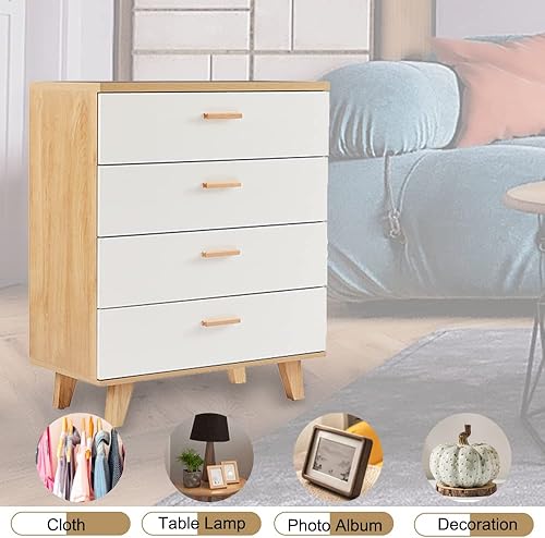 Miniatura 6 de SSLine Cómoda de 4 cajones cómoda moderna con mango y patas de madera maciza gabinete de almacenamiento para la cómoda organizador de cajones de