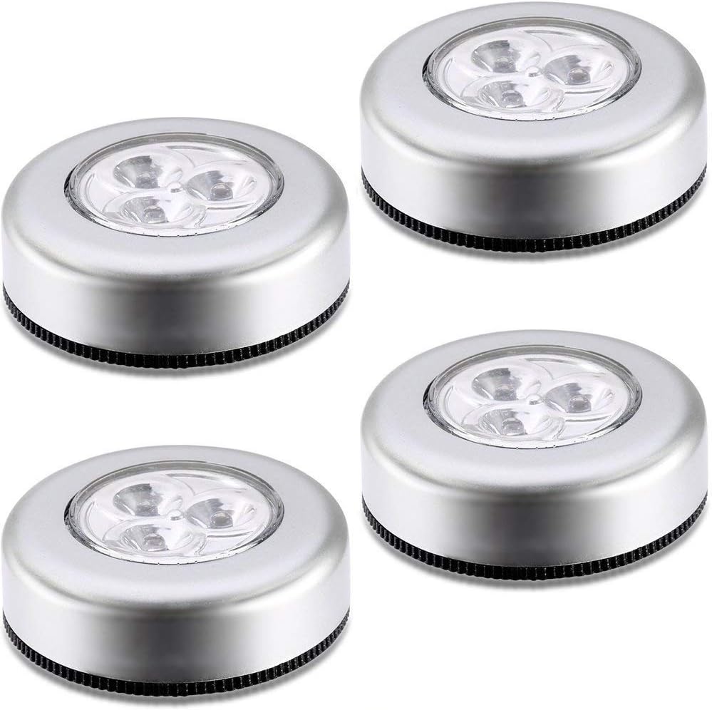 Set of 2pcs Battery Powered Round White 3 LEDs Stick Tap Touch Lamp Night Light (Silver).