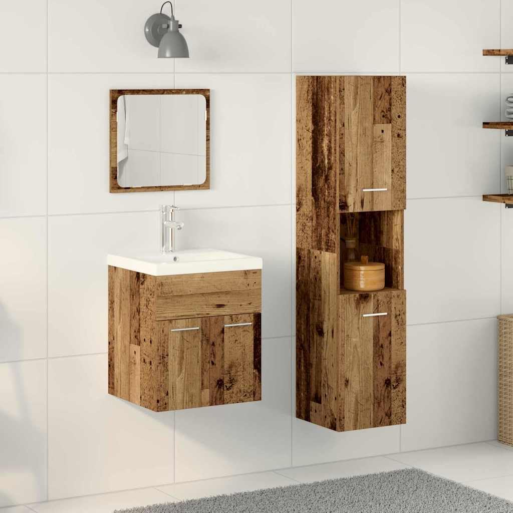 Juego de muebles de baño, 4 piezas, madera vieja, con armario bajo el lavabo, espejo, armario alto, estantería moderna, ahorro de espacio, para inodoro y baño
