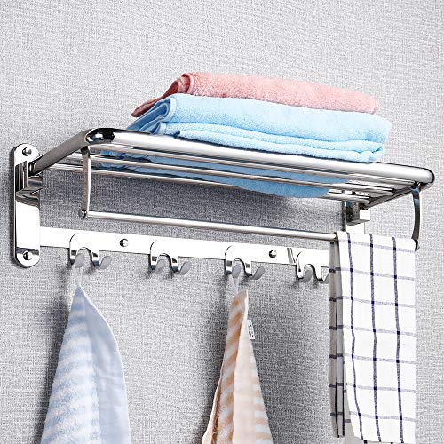 Hoonex Foldable Towel Rack For Bathroom Wall Mounted, 24 Inch Towel Shelf With Towel Hooks And Adjustable Towel Bar, 304 Stainless Towel Holder, Polished Silver #TOP4