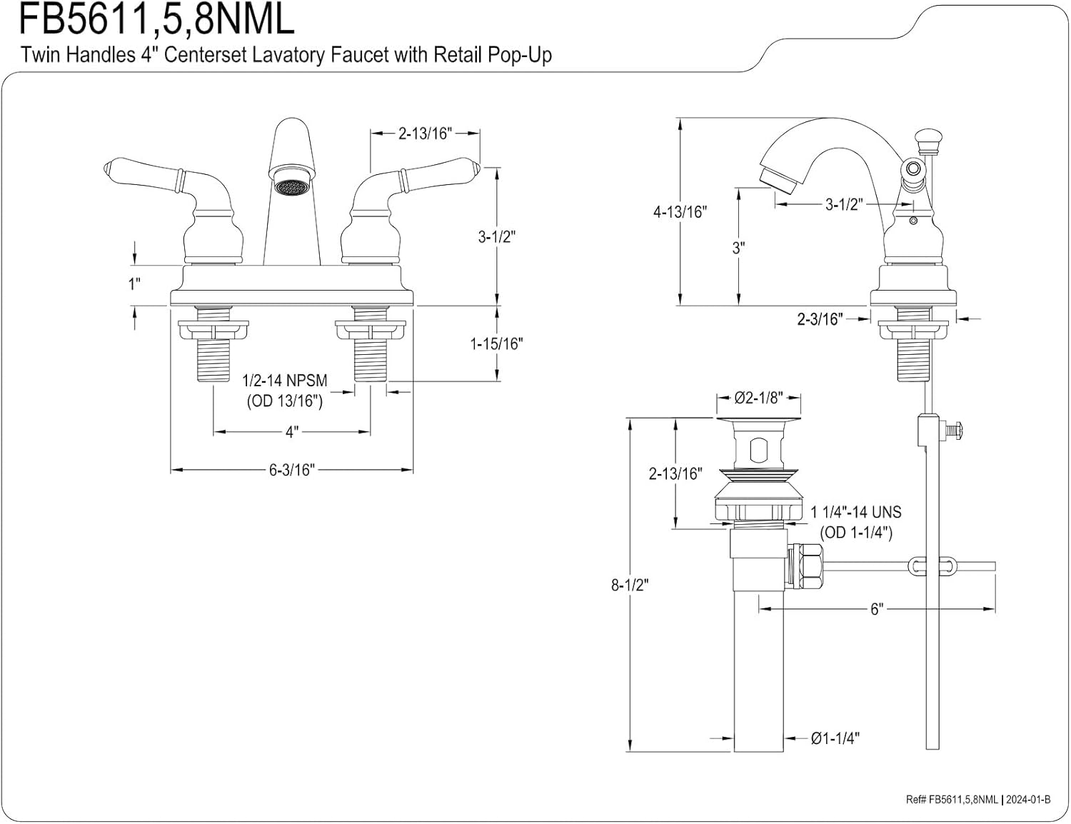 Kingston Brass FB5618NML 4 in. Centerset Bathroom Faucet, Brushed Nickel