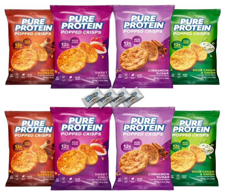 Pure Protein Popped Crisps 8-Pack Protein Chips Variety Pack 4 Flavors with 12g Protein + 4 MIMM Mints | Gluten Free Healthy Snacks for Adults | Bundled by Mix It Up Munchies | Healthy Gift Box