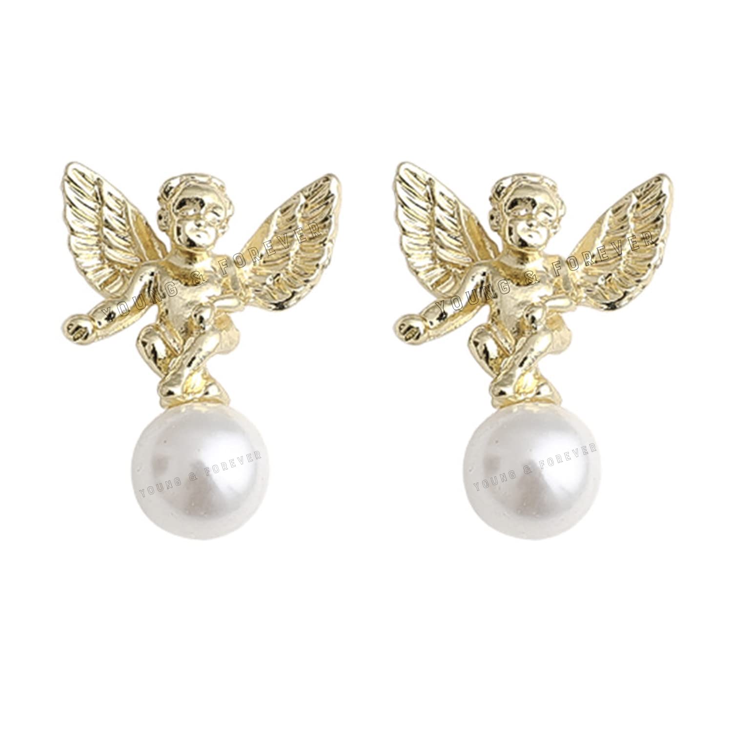 Young & Forever Angel Pearl Drop Earrings, Gold-Plated, White Faux Pearl Stud Earring for Women & Girls, Fashion Jewelle