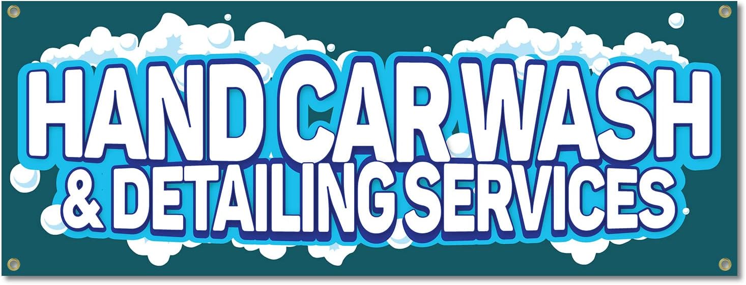 Hand Car Wash | 18" X 48" Banner | Outdoor Vinyl Sign with Grommets | Auto Detailing Detailer Detail Shop Truck | Made in The USA