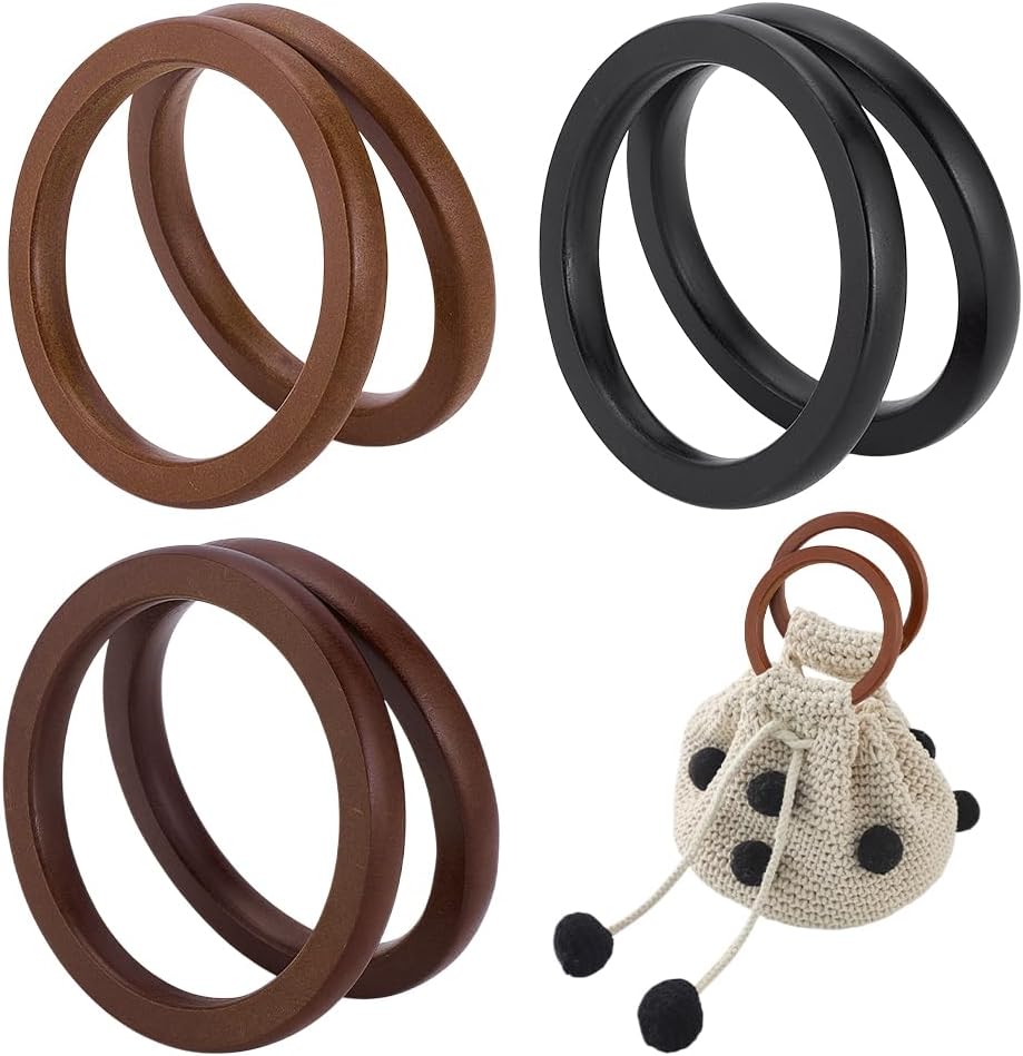 PH PandaHall 6pcs Wooden Flat Round Bag Handles 3 Colors Decorative Purse Handles 4.5 inch Ring Handbag Purse Handle Replacement for DIY Handmade Woven Bags Purses Handbags Totes Making