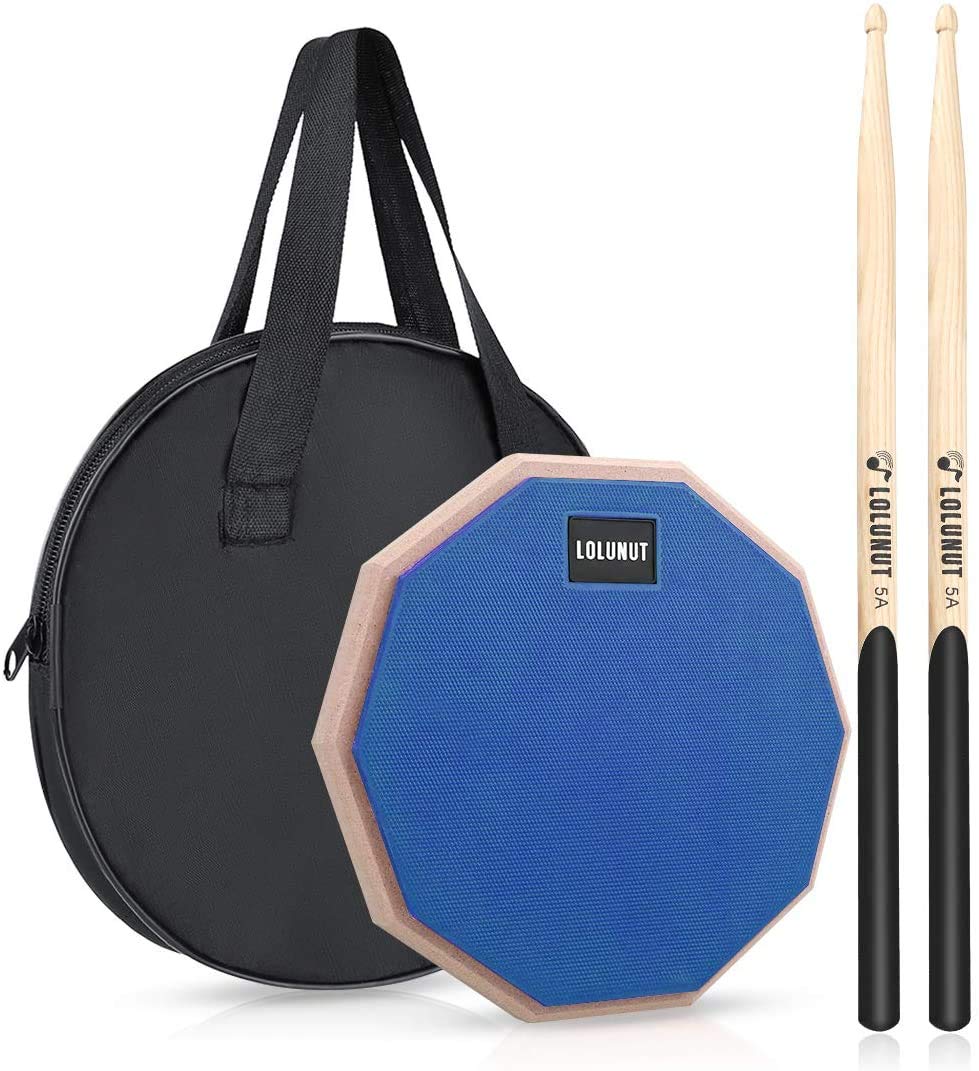 Dumb Drum Practice Pad,2-sided Silent Practice Pad Soft Rubber Wooden Base Stand with Solid Wood Drum Sticks (8''-Blue)