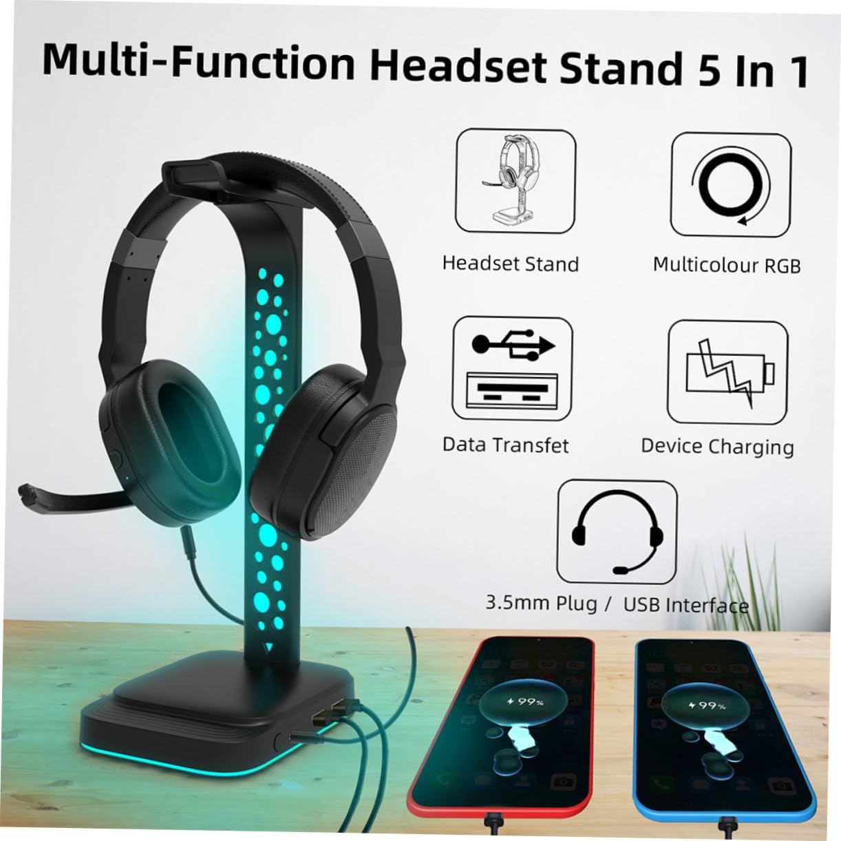 Soporte Multipropósito Auriculares Gaming Concentrador para Luz RGB LED de Juegos USB y Diseño de Abs para Escritorio y PC