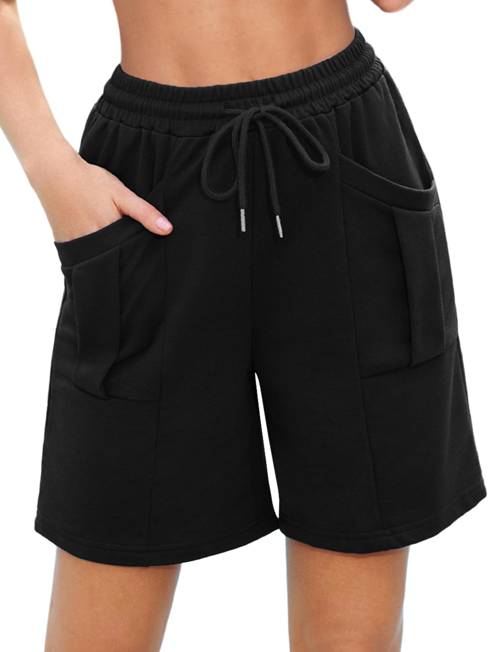 Aottori Shorts Damen Sommer Kurze Hose Knielang Sporthose Locker Jogginghose Kurz Baumwolle Sportshorts High Waist mit Taschen und Kordelzug Sweatshorts für Fitness Running Gym