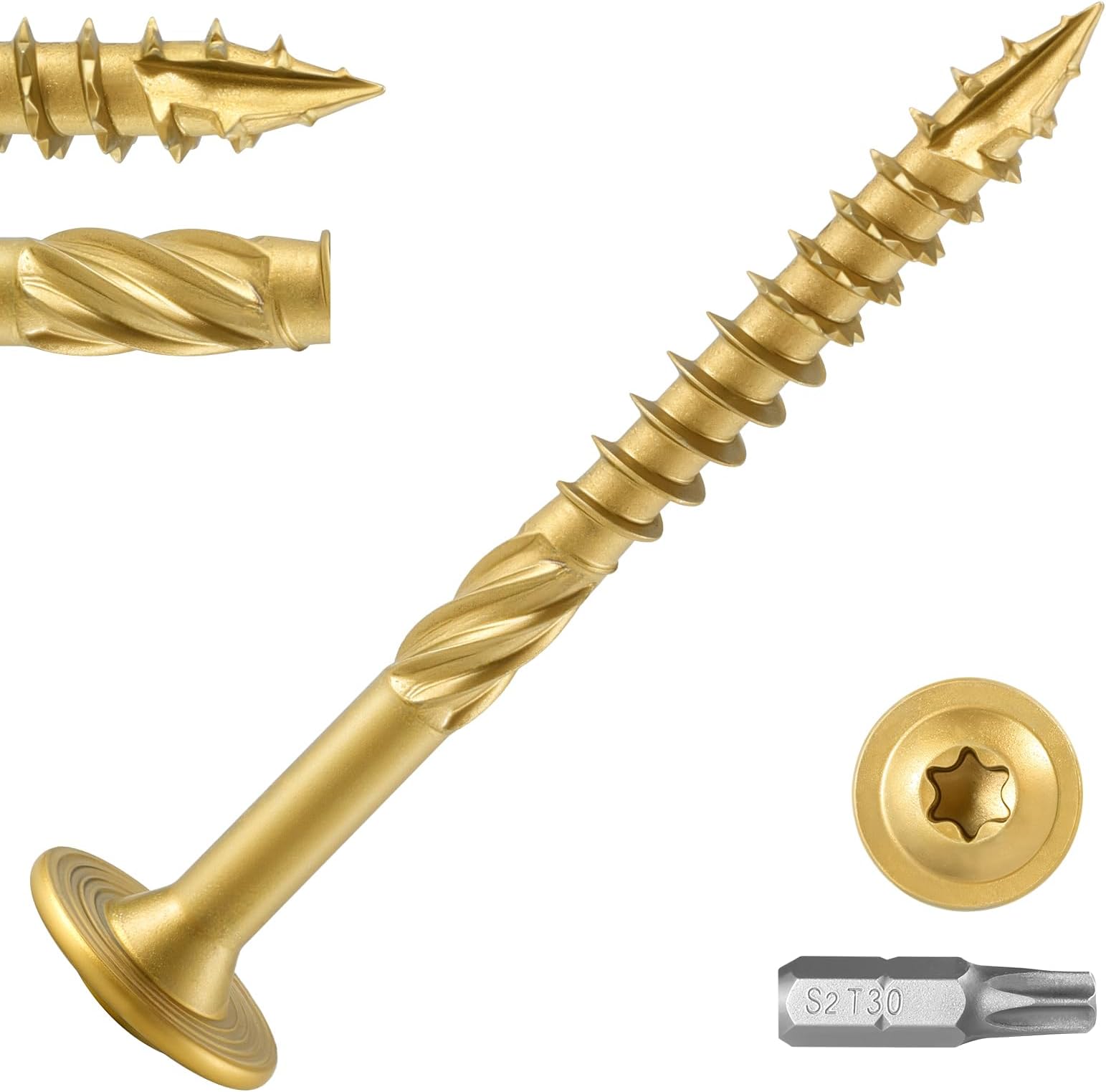 Lag Screws #14 x 3 Inch, (2.5lb, 101pcs) Heavy Duty Construction Structural Exterior Wood Timber Screws, Torx Drive Washer Head Rust Resistant Golden Epoxy Coated, with T30 Star Bit