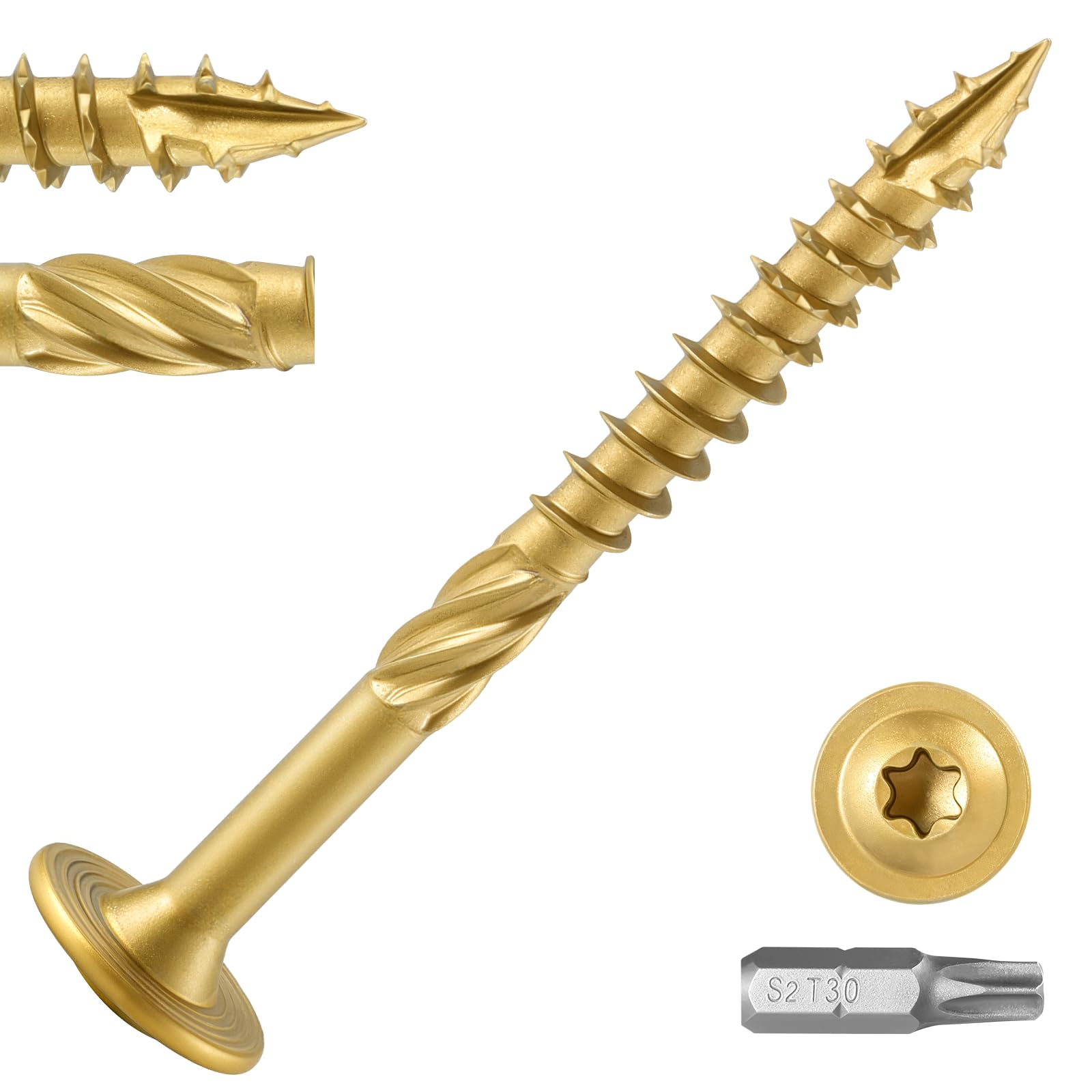 Lag Screws #14 x 3 Inch, (1lb, 36pcs) Heavy Duty Construction Structural Exterior Wood Timber Screws, Torx Drive Washer Head Rust Resistant Golden Epoxy Coated, with T30 Star Bit