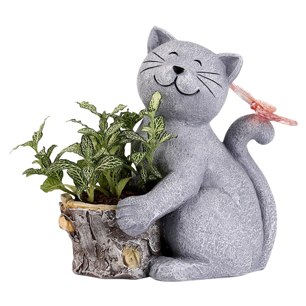 AVZYARDY Solar Powered Decorative Animal Planter Creative Kitten Succulent Pot with Light Cat Planter Statue Courtyard Ornament