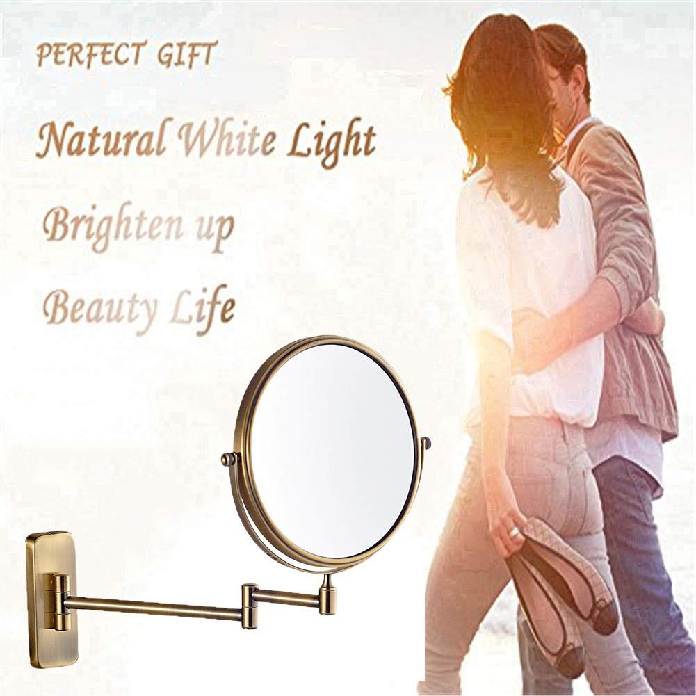 Espejo de maquillaje Montaje en pared, Extensible Plegable Doble Cara Aumento 10X Espejo de baño Giratorio de 360° Espejo de afeitar de Forma Redonda, trefilado de alambre de níquel_8 pulgad