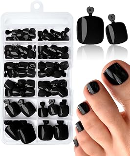 120pc Press on Toenails Black Fake Toe Nails with Tabs, Black Fake Toenails Press on Nail Toe Acrylic Nail Tips Glue on Toenails Short Square Artificial Toe Nails Press on Toenail Kit Women