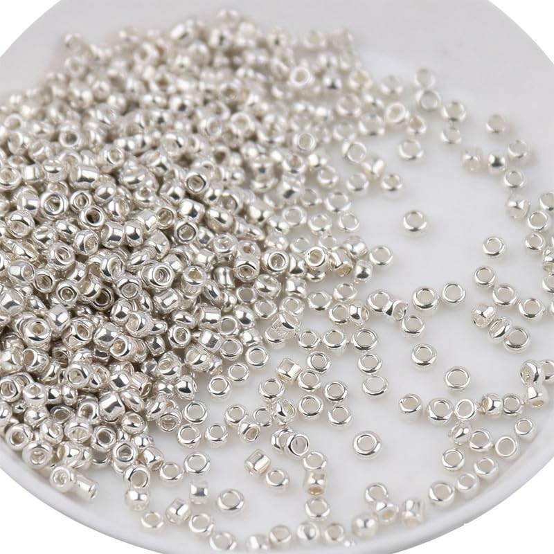 4 Packs Metallic Glass Seed Beads,Mix Size 1.5/2/3/4MM Mini Glass Seed Beads for Bracelets,Crafting,Keychain,About 2544Pcs,Sliver