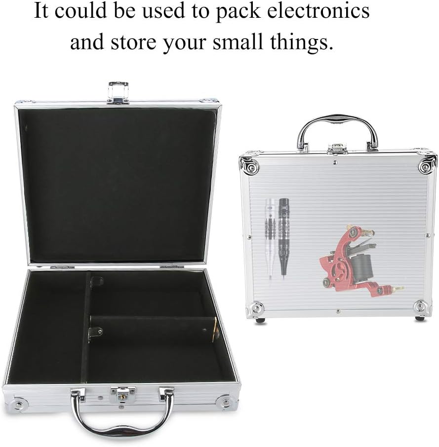 Kit Box Case,Aluminum Alloy Tattoo Gun Machine Carrying Organizer Holder Potable Anti Fall Storage Cosmetic Tools Container with Lock key for Travel Makeup Equipment Supplies Body Art Silver