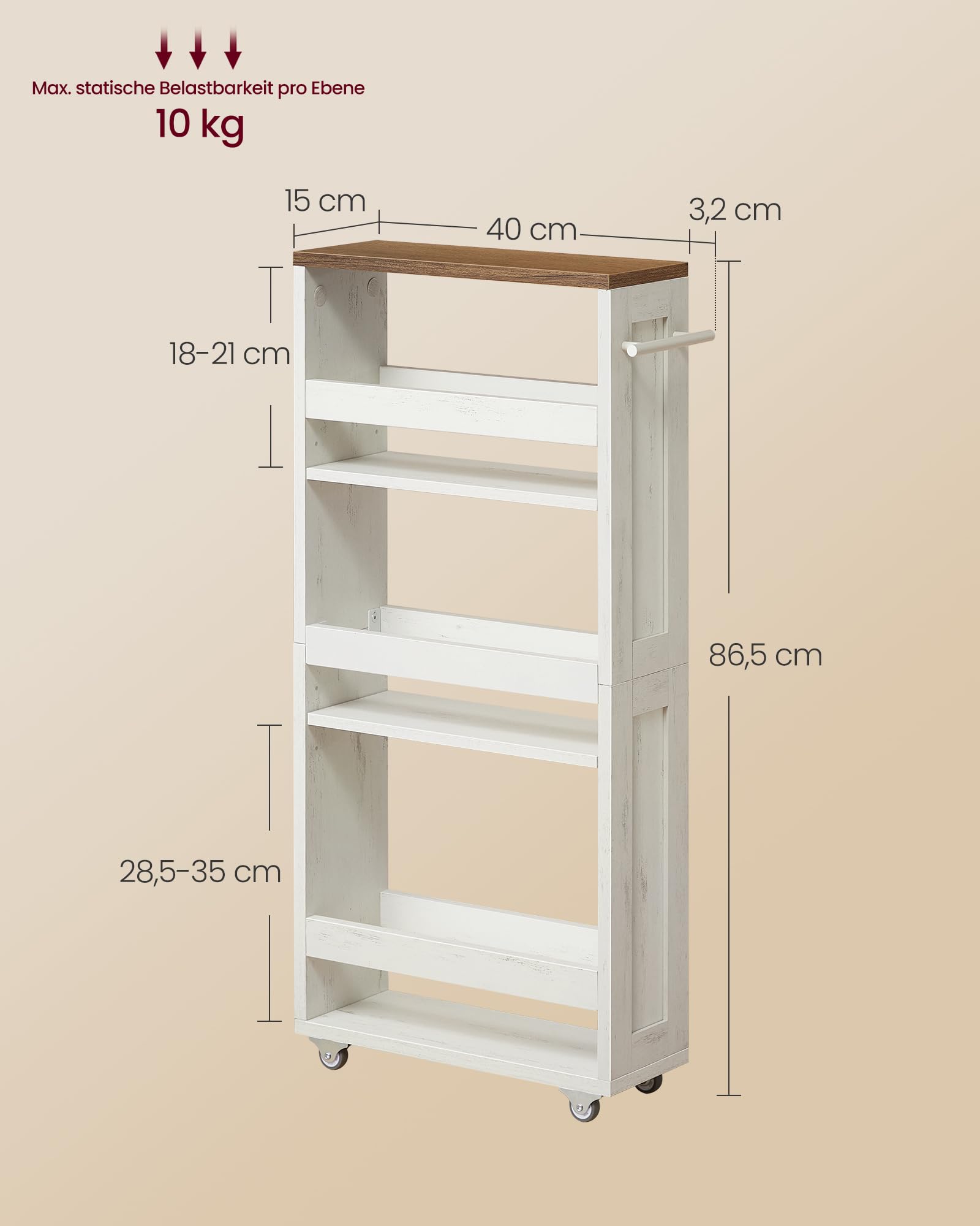 VASAGLE Rollwagen, Nischenregal aus Holz und Stahl, Schmaler Küchenwagen mit Rollen, Aufbewahrungswagen, 40 x 15 x 86,5 cm, Wolkenweiß und Erdbraun, für Küche, Bad, Siren Kollektion LRC050K01