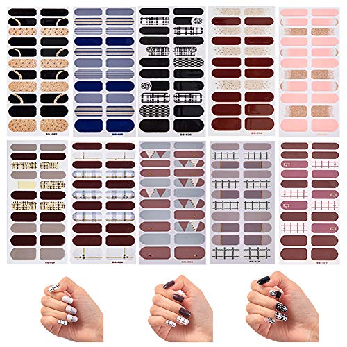 TYLCC 10 Sheets Full Wraps Nail Polish Stickers,Self-Adhesive Nail Art Decals Strips Manicure Kits Nail Art Designs for Women Girls,220 Piece