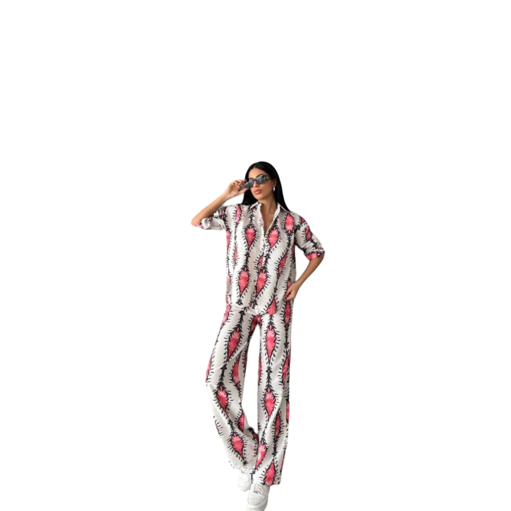 Gufrina Women's Polyester Co-Ord Set With Button-Up Top & Wide Leg Pant 3/4Th Sleeves Collar Neck Printed Pattern Regular Fit And Standard Length