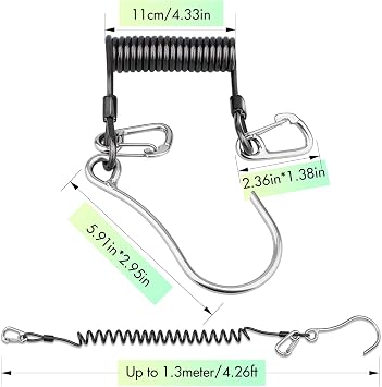 Scuba Diving Reef Hook, 316 Stainless Steel Single Reef Drift Hook with SS Spring Coil Retractable Lanyard and Double Snap Clips, Easy to Attach on BCD for Diver Cave Safety